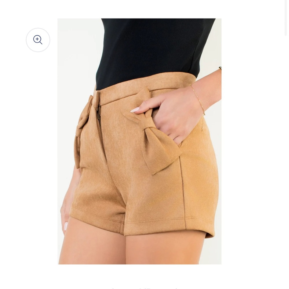 Bow Detail High Waist Suede Shorts in Camel